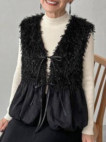 FRIFUL Middle-Aged Women Solid Color Patchwork Faux Fur Front Tie Vest - Black - View 3