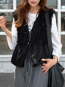 FRIFUL Middle-Aged Women Solid Color Patchwork Faux Fur Front Tie Vest - Black - View 8