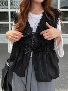 FRIFUL Middle-Aged Women Solid Color Patchwork Faux Fur Front Tie Vest - Black - View 7