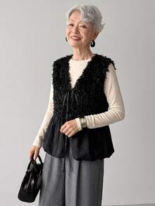 FRIFUL Middle-Aged Women Solid Color Patchwork Faux Fur Front Tie Vest - Black - View 5