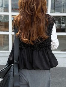 FRIFUL Middle-Aged Women Solid Color Patchwork Faux Fur Front Tie Vest - Black - View 9