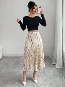 Elenzga Women's Elegant Polka Dot Print Patchwork Pleated Skirt - Multicolor - View 6