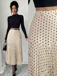 Elenzga Women's Elegant Polka Dot Print Patchwork Pleated Skirt - Multicolor - View 1