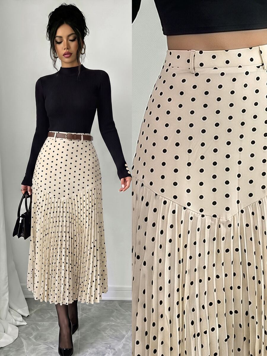 Elenzga Women's Elegant Polka Dot Print Patchwork Pleated Skirt - Multicolor - View 1
