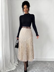 Elenzga Women's Elegant Polka Dot Print Patchwork Pleated Skirt - Multicolor - View 3