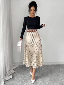 Elenzga Women's Elegant Polka Dot Print Patchwork Pleated Skirt - Multicolor - View 5