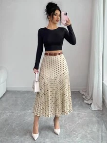 Elenzga Women's Elegant Polka Dot Print Patchwork Pleated Skirt - Multicolor - View 4