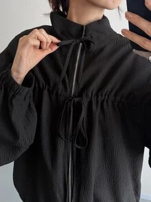 FRIFUL Jaket Wanita Korea Musim Gugur Warna Polos dengan Tali Serut untuk Wanita Paruh Baya - Hitam - View 14
