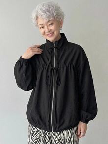 FRIFUL Jaket Wanita Korea Musim Gugur Warna Polos dengan Tali Serut untuk Wanita Paruh Baya - Hitam - View 3