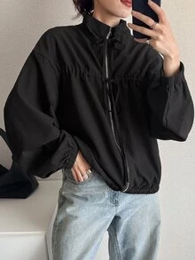 FRIFUL Jaket Wanita Korea Musim Gugur Warna Polos dengan Tali Serut untuk Wanita Paruh Baya - Hitam - View 13