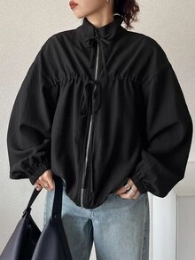FRIFUL Jaket Wanita Korea Musim Gugur Warna Polos dengan Tali Serut untuk Wanita Paruh Baya - Hitam - View 1
