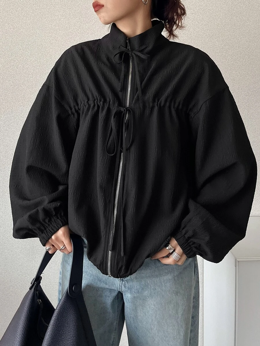 FRIFUL Jaket Wanita Korea Musim Gugur Warna Polos dengan Tali Serut untuk Wanita Paruh Baya - Hitam - View 1