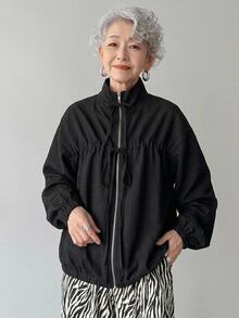 FRIFUL Jaket Wanita Korea Musim Gugur Warna Polos dengan Tali Serut untuk Wanita Paruh Baya - Hitam - View 5