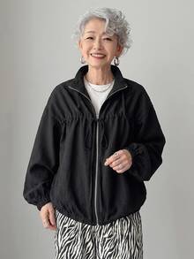 FRIFUL Jaket Wanita Korea Musim Gugur Warna Polos dengan Tali Serut untuk Wanita Paruh Baya - Hitam - View 6