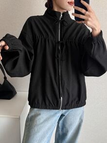 FRIFUL Jaket Wanita Korea Musim Gugur Warna Polos dengan Tali Serut untuk Wanita Paruh Baya - Hitam - View 11