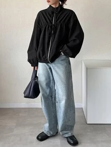 FRIFUL Jaket Wanita Korea Musim Gugur Warna Polos dengan Tali Serut untuk Wanita Paruh Baya - Hitam - View 10