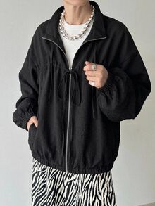 FRIFUL Jaket Wanita Korea Musim Gugur Warna Polos dengan Tali Serut untuk Wanita Paruh Baya - Hitam - View 8