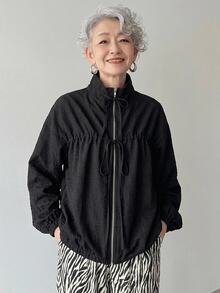 FRIFUL Jaket Wanita Korea Musim Gugur Warna Polos dengan Tali Serut untuk Wanita Paruh Baya - Hitam - View 4