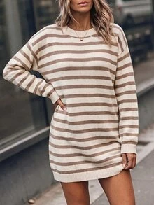Balvessa Striped Pattern Drop Shoulder Sweater Dress Fall Winter Cloth For Women - Beige - View 3