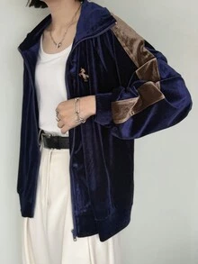 FRIFUL Women's Korean Autumn Outfit Colorblock Embroidered Printed Jacket For Middle-Aged Women - Navy Blue - View 13