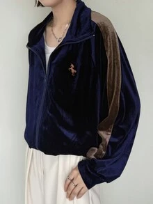 FRIFUL Women's Korean Autumn Outfit Colorblock Embroidered Printed Jacket For Middle-Aged Women - Navy Blue - View 12