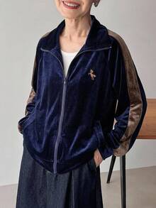FRIFUL Women's Korean Autumn Outfit Colorblock Embroidered Printed Jacket For Middle-Aged Women - Navy Blue - View 5
