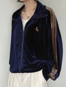 FRIFUL Women's Korean Autumn Outfit Colorblock Embroidered Printed Jacket For Middle-Aged Women - Navy Blue - View 1