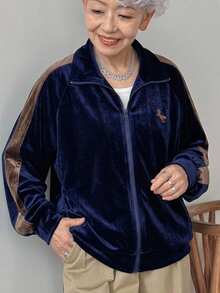 FRIFUL Women's Korean Autumn Outfit Colorblock Embroidered Printed Jacket For Middle-Aged Women - Navy Blue - View 4