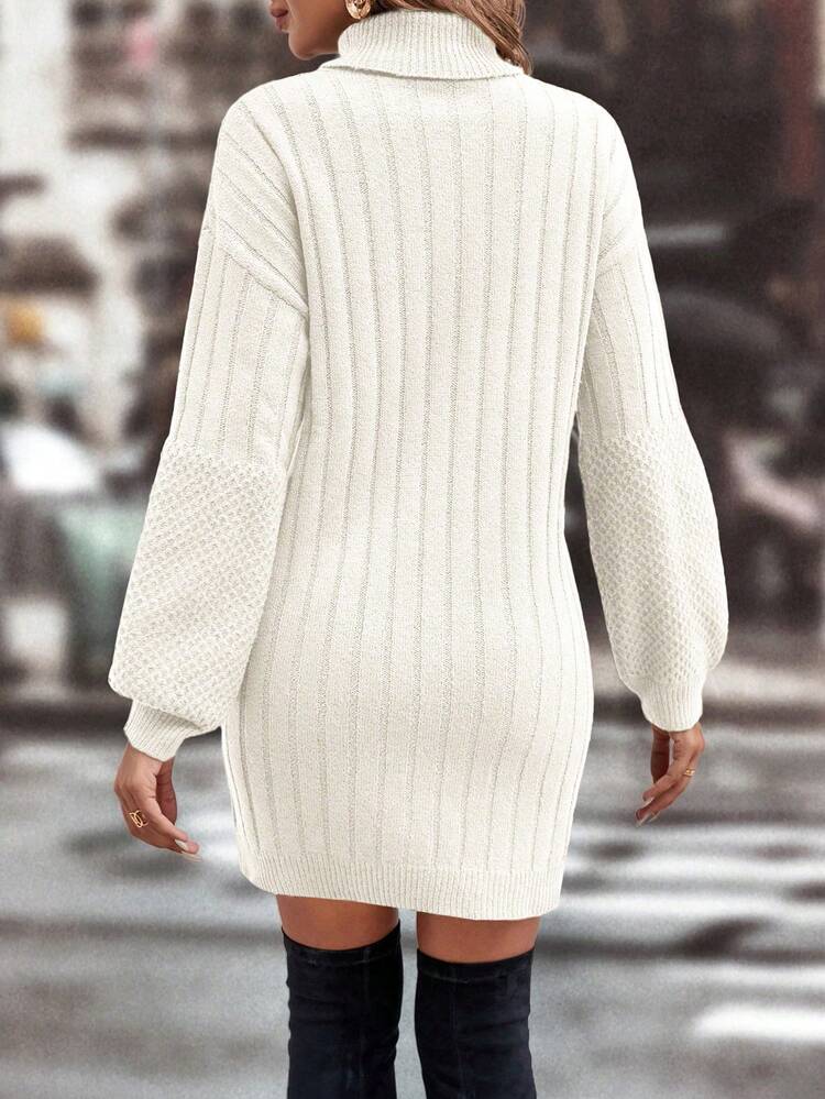 Balvessa High Neck Solid Color Drop Shoulder Sweater Dress Fall Winter Cloth For Women - White - View 2