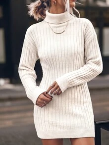 Balvessa High Neck Solid Color Drop Shoulder Sweater Dress Fall Winter Cloth For Women - White - View 1