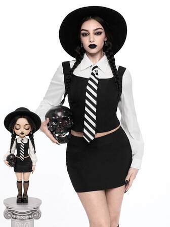Anime Damen 2-teiliges Wednesday Cosplay Halloween Outfit, Hemd, Weste, Krawatte, Rock, süßer Preppy-Style, sexy