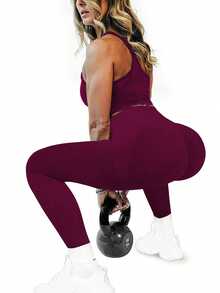 Slayform Slayform Women High Waisted Seamless Slim Leggings,Tummy Control Lifting Yoga Pants,Resilient Soft Touch Quick-Drying 4-Way Stretch Legging For Exercise - Burgundy - View 7