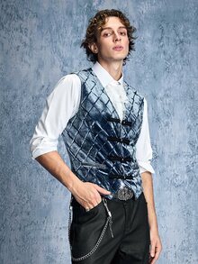 ROMWE MEN Goth 男士復古鈕扣設計時尚背心 - 藏蓝色 - 查看 5