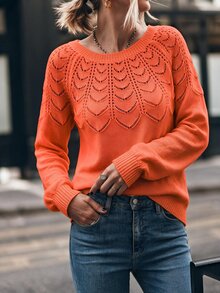 Balvessa 女款純色圓領長袖休閒毛衣，適合新年穿著 - 珊瑚橙 - 查看 1