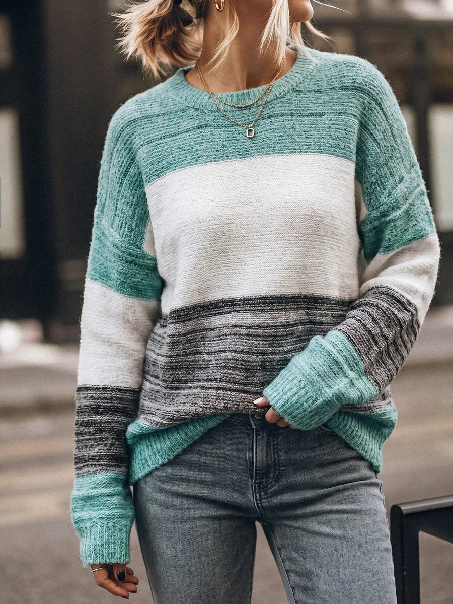 Balvessa Women's Color Block Long Sleeve Sweater Pullover,Long Sleeve Tops Knit Pullover Fall Winter Sweater - Mint Green - View 1