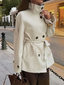 Roamenne Roamenne 休闲纯色宽松腰带长袖女式风衣 - 杏色 - 查看 5