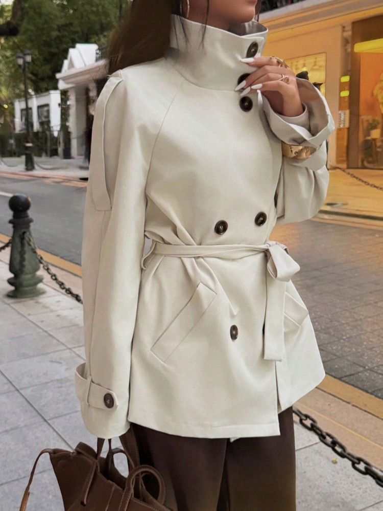 Roamenne Roamenne Casual Solid Color Loose Waist Tie Long Sleeve Women Trench Coat - Apricot - View 5