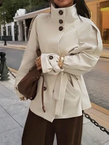 Roamenne Roamenne 休闲纯色宽松腰带长袖女式风衣 - 杏色 - 查看 3