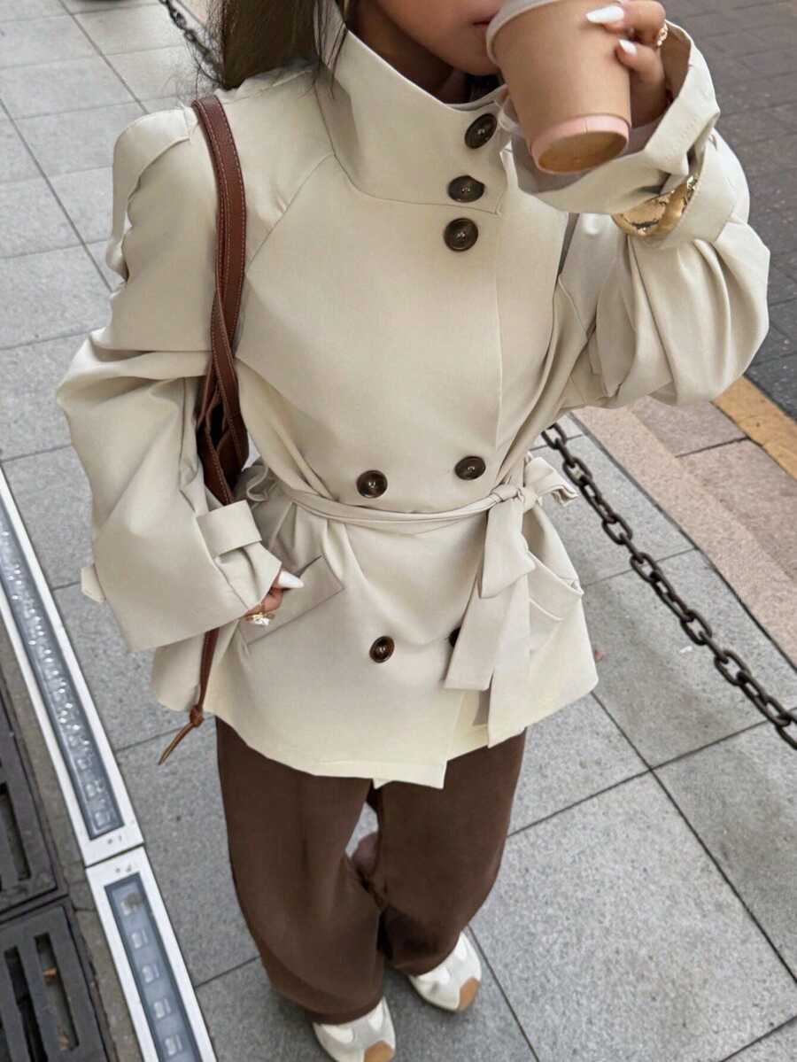Roamenne Roamenne 休闲纯色宽松腰带长袖女式风衣 - 杏色 - 查看 1