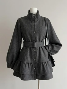 FRIFUL Women's Solid Color Long Sleeve Ruffle Hem Single-Breasted Overcoat Office Dinner Dark Grey Winter French Elegant - Dark Grey - View 1