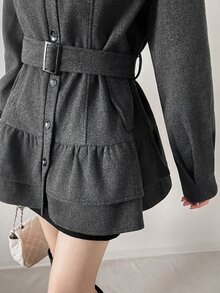 FRIFUL Women's Solid Color Long Sleeve Ruffle Hem Single-Breasted Overcoat Office Dinner Dark Grey Winter French Elegant - Dark Grey - View 2