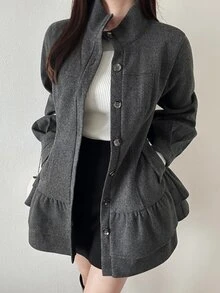 FRIFUL Women's Solid Color Long Sleeve Ruffle Hem Single-Breasted Overcoat Office Dinner Dark Grey Winter French Elegant - Dark Grey - View 5