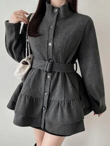 FRIFUL Women's Solid Color Long Sleeve Ruffle Hem Single-Breasted Overcoat Office Dinner Dark Grey Winter French Elegant - Dark Grey - View 6