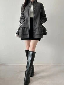 FRIFUL Women's Solid Color Long Sleeve Ruffle Hem Single-Breasted Overcoat Office Dinner Dark Grey Winter French Elegant - Dark Grey - View 4
