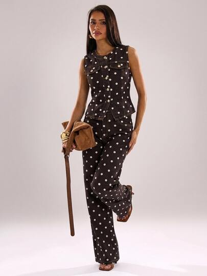 SHEIN BAE Women's Brown And White Polka Dot Print Vest Denim Pants Set Summer Everyday Retro Street Streetwear Date