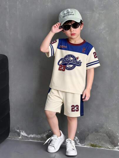Genkimix Kids Young Boys Casual Sports Style California 23 Letter Print T-Shirt & Shorts Set,Summer,Career Day,Back-To-School Outdoor Contrast Color Outfit