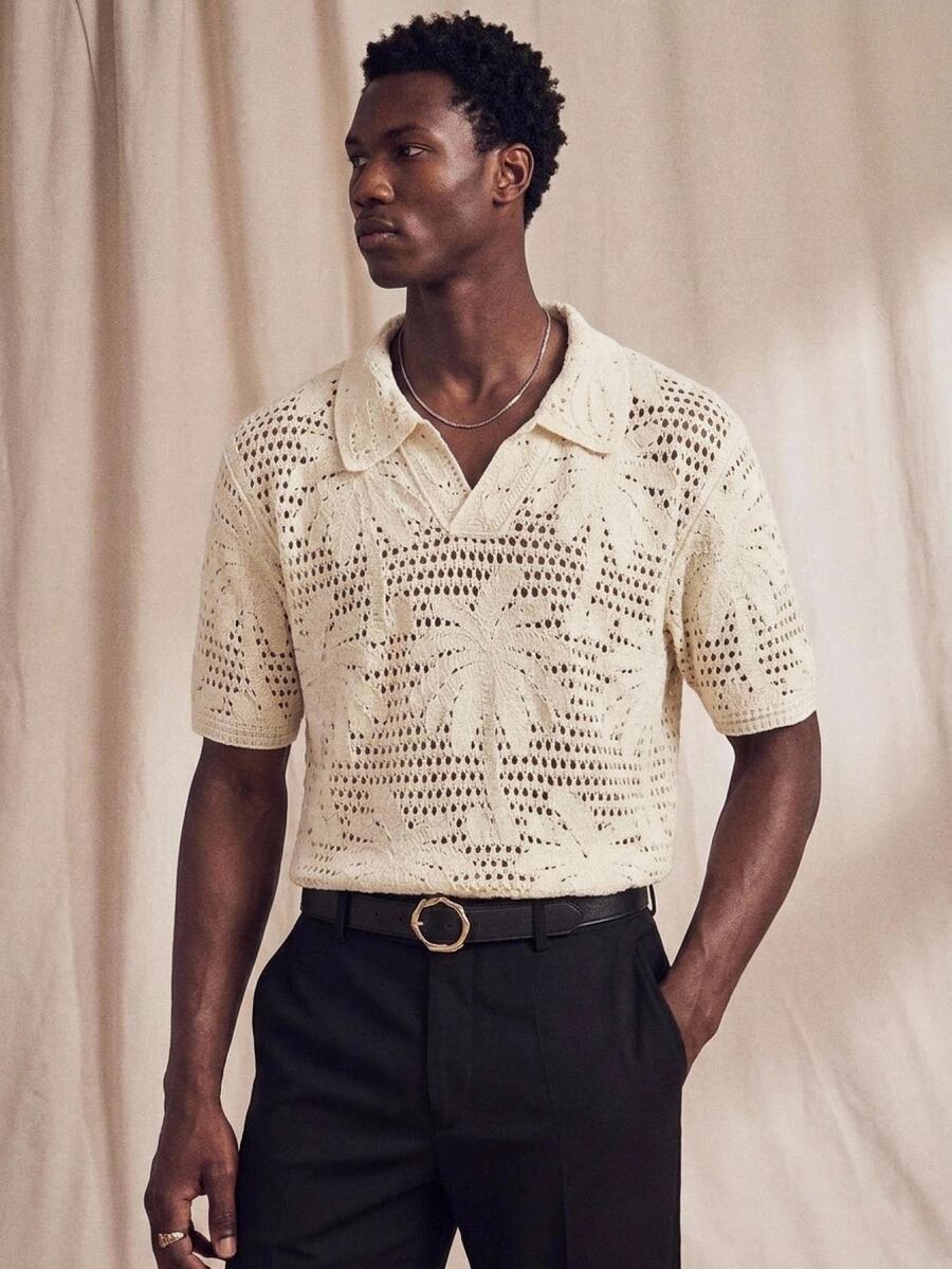 AKNOTIC Men's Palm Tree Hollow Out Short Sleeve Casual Knit Top - Apricot - View 1