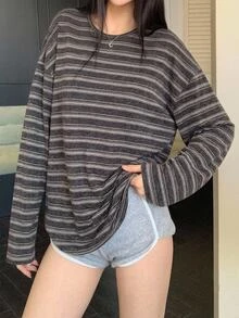 DAZY 女款寬鬆條紋拼色拼接長袖長版T恤 - 棕色 - 查看 8