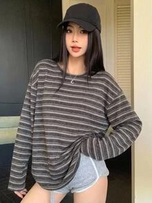 DAZY 女款寬鬆條紋拼色拼接長袖長版T恤 - 棕色 - 查看 4