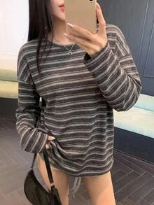DAZY 女款寬鬆條紋拼色拼接長袖長版T恤 - 棕色 - 查看 3